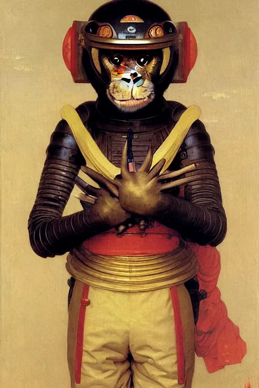 Prompt: portrait of a monkey astronaut with chinese dragon armor and helmet, majestic, solemn, by bouguereau