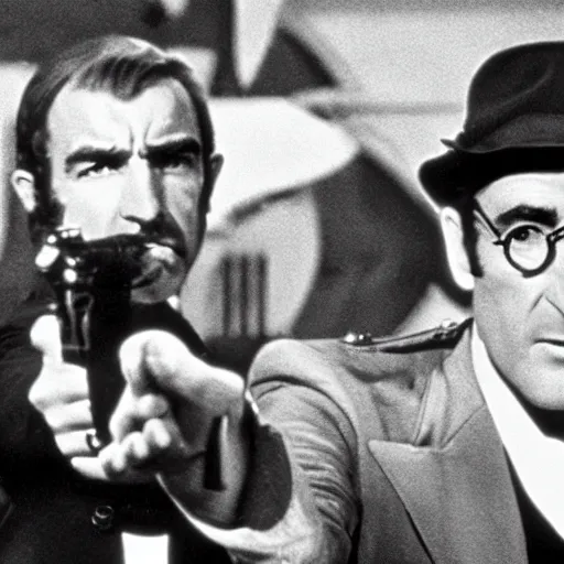 Prompt: john lennon pointing a gun at sean connery, james bond, film still