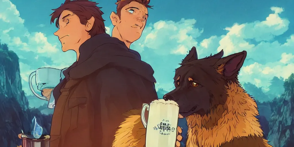 Image similar to a two german shepherds beast - men, holding a mug of beer, a lot of pockets, fur cape, tavern background, magical, bright, colorful, fantastic lighting, amazing details, 4 k uhd, illustration by hayao miyazaki and makoto shinkai and ilya kuvshinov, artstation, pixiv,