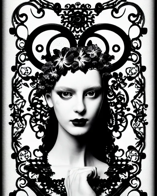 Image similar to black and white masterpiece profile portrait painting with no frame, one steampunk eye silver lace floral biomechanical beautiful young female cyborg, big monocular, volumetric light, hibiscus flowers, by dora maar, rim light, big gothic fashion pearl embroidered collar, 8 k