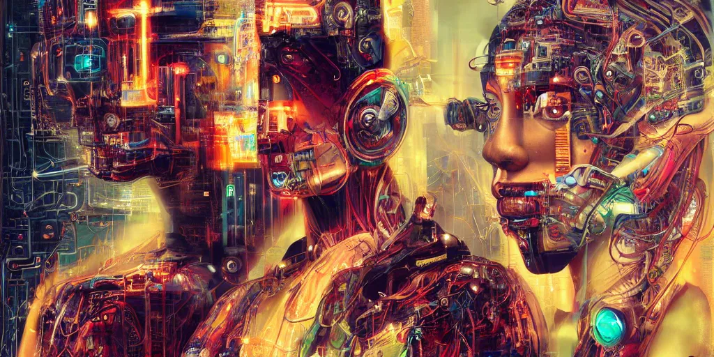 Image similar to portrait of computer & circuits, 8 k, by tristan eaton, stanley artgermm, tom bagshaw, greg rutkowski, carne griffiths, ayami kojima, beksinski, giger, trending on deviantart, face enhance, hyper detailed, minimalist, cybernetic, android, blade runner, full of colour, super detailed