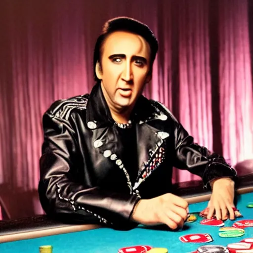 Image similar to nicolas cage as elvis presley playing the guitar over a poker table