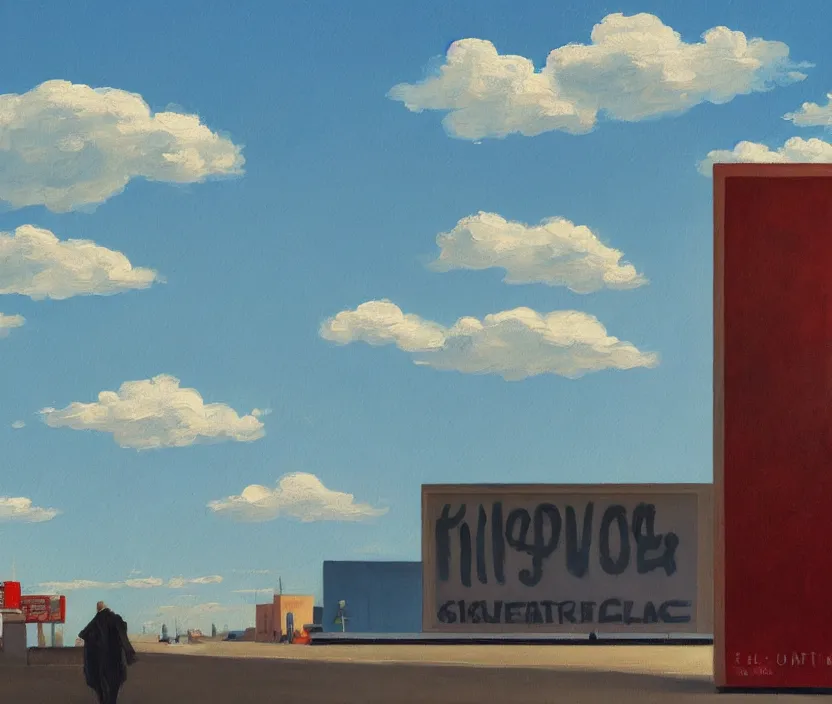 Image similar to a very detailed painting of one big standing billboard, baby blue sky with very aesthetic stylized clouds, in the style of edward hopper, very small brushstrokes, 4 k,