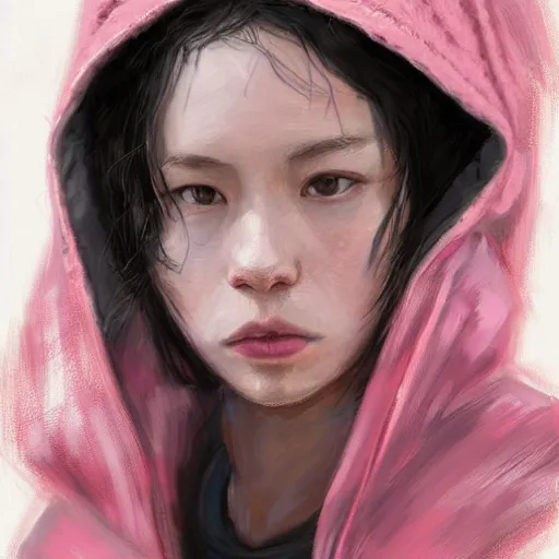 Image similar to Portrait of a woman by Greg Rutkowski, she is about 18 years old, mixture between japanese and british, messy bob black hair, young, pale, tired but friendly look, she's wearing a a pink oversized hoodie and a black adidas tracksuit, highly detailed portrait, scifi, digital painting, artstation, concept art, smooth, sharp foccus ilustration, Artstation HQ