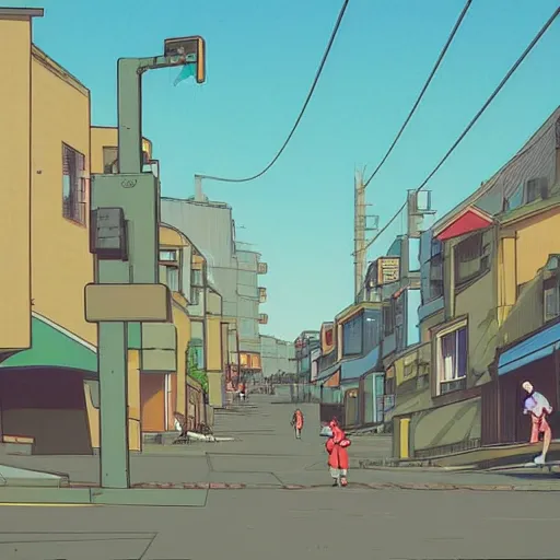 Image similar to city street, sloped street, city on tall hillside, street scene, rollerbladers grinding on rails, skaters, rollerskaters, cel - shading, 2 0 0 1 anime, flcl, jet set radio future, golden hour, japanese town, concentrated buildings, japanese neighborhood, electrical wires, cel - shaded, strong shadows, vivid hues, y 2 k aesthetic