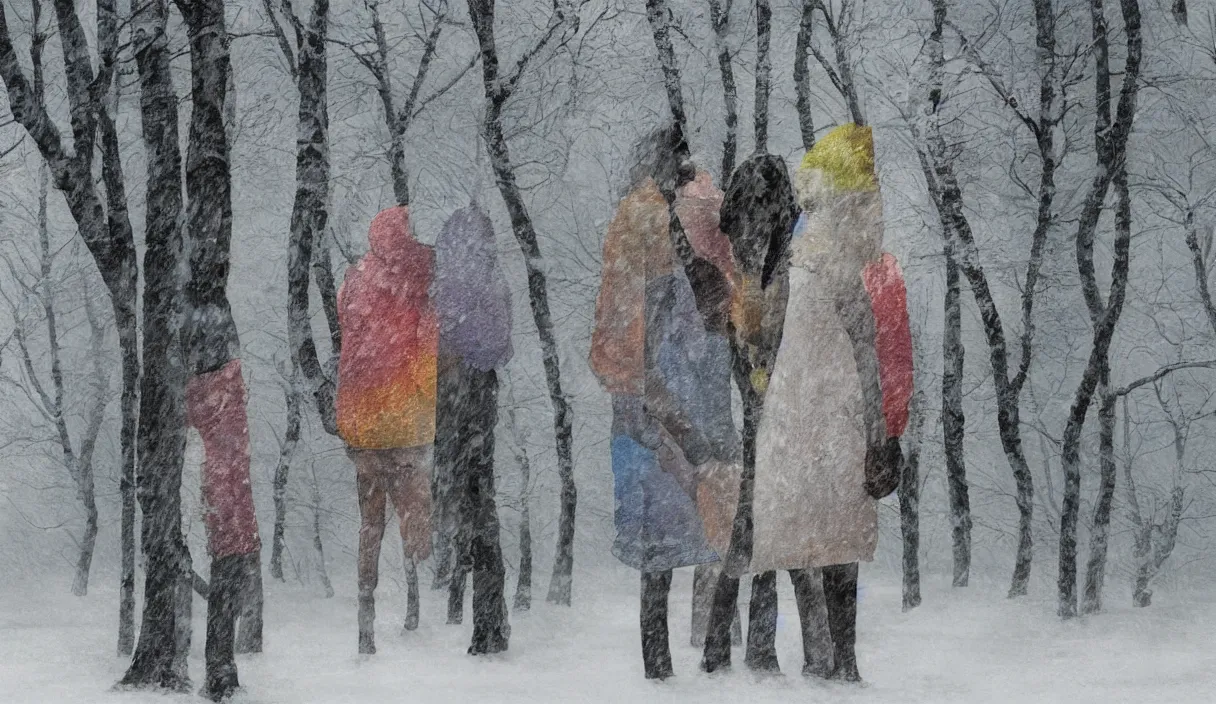 Image similar to multicolor 3 d render of couple hides in snow and rain mystery by @ rikoosten broek created at contemporary in high resolution, with inspiring feeling