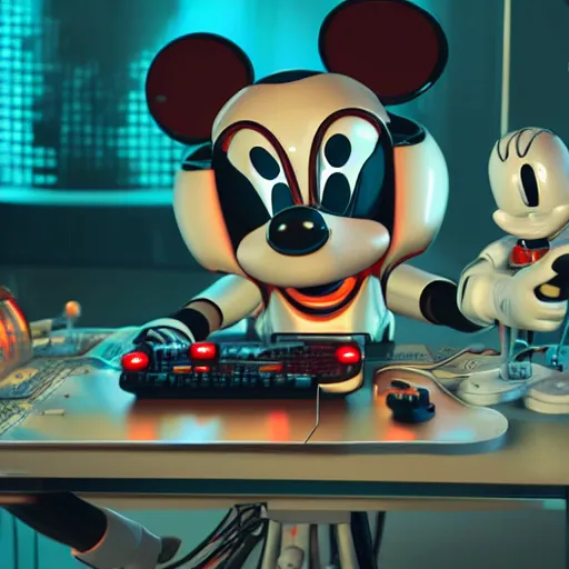 Image similar to a cybertronic mickey mouse being dissected by a group of scientists, octane render, beeple, cgstation, 3 d render, very detailed, mindblowing