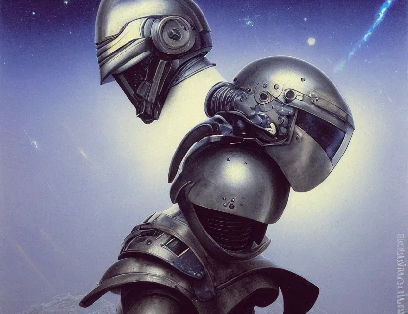 Prompt: a detailed portrait painting of a bounty hunter wearing combat armour and a reflective visor. Movie poster, cinematic sci-fi poster. Flight suit, cloth and metal, accurate anatomy. Samurai influence, knight influence. fencing armour. portrait symmetrical and science fiction theme with lightning, aurora lighting. clouds and stars. Futurism by moebius beksinski carl spitzweg moebius. baroque elements. baroque element. intricate artwork by caravaggio. Oil painting. Trending on artstation. 8k