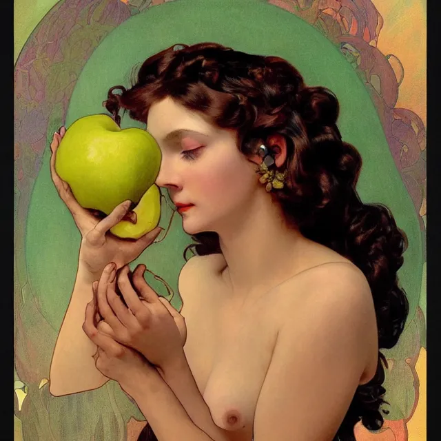 Prompt: an aesthetic! a detailed close portrai of an aesthetic woman, face covered in a transparent vale, holding an apple by frank frazetta and alphonse mucha, oil on canvas, bright colors, art nouveau, epic composition, dungeons and dragons fantacy art, hd, god - rays, ray - tracing, crisp contour - lines, huhd - 8 k