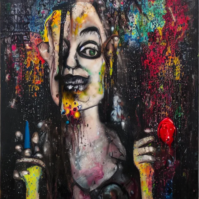 Prompt: a portrait in a dark apartment, cityscape, a female art student holding an octopus, rain made of milk, berries, broken bottles, metaphysical, neo - expressionism, surrealism, acrylic and spray paint and oilstick on canvas