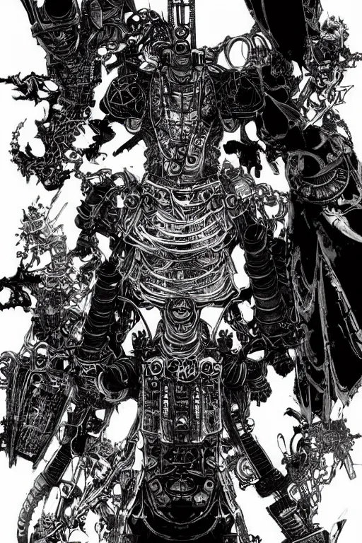 Prompt: a vertical portrait of a character by yoshitaka amano and nihei tsutomu, black and white, dreamy, steampunk armor, highly detailed