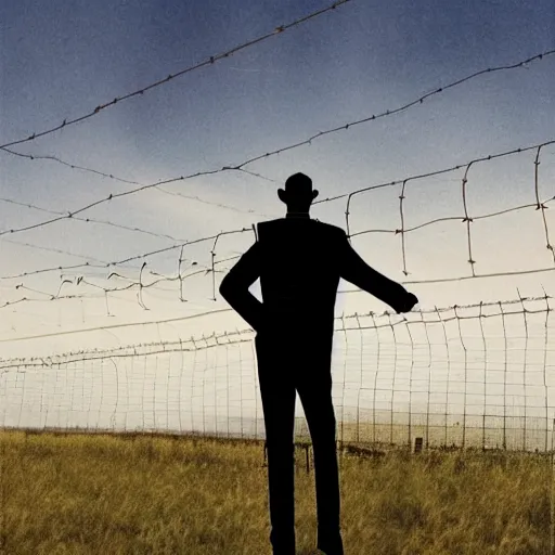 Image similar to a man in front of a high wire fence, minimalist, dystopian art