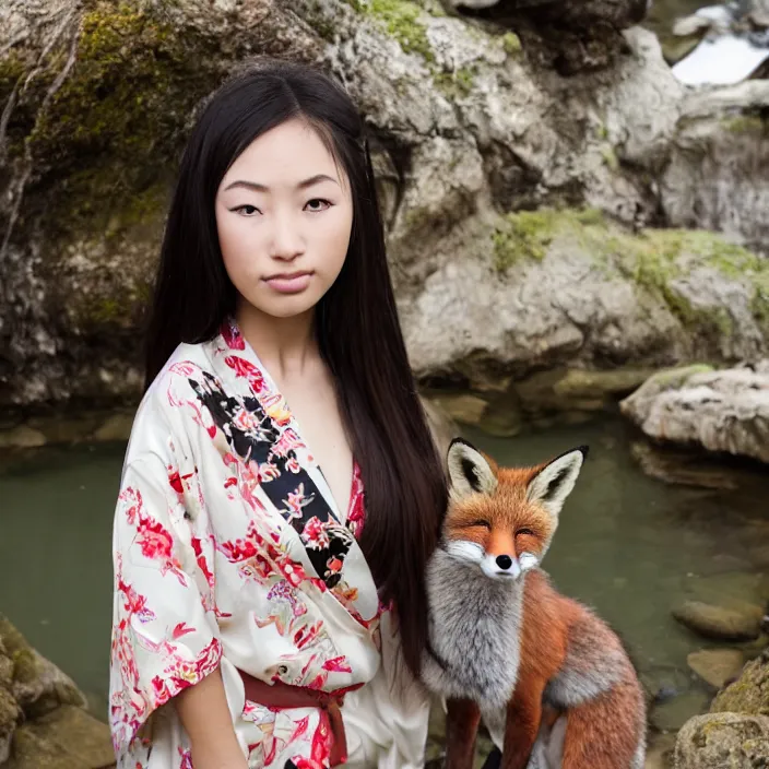 Image similar to portrait photograph of an extremely beautiful!!!! young Asian female , symmetric face!, symmetric round detailed eyes!!, slight smile, natural light, wearing a flower kimono!! with a very detailed fox!! behind her shoulder in front of a hot spring. looking at the camera!!. super resolution. Extremely detailed. Graflex camera!, bokeh!!!!! trending on artstation.