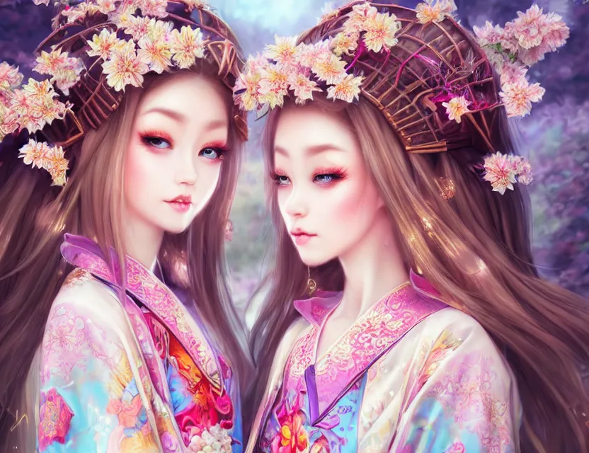 Image similar to two beautiful fashion siberian girls wear fantasy kimono in festival | | big eyes, sunny, dreamlike art, realistic shaded, smile, good looking, hyper details, 4 k realistic, cryengine, realistic shaded lighting poster by artgerm, ross tran, fuji choko, loish, 8 k resolution, trending on artstation, luxury