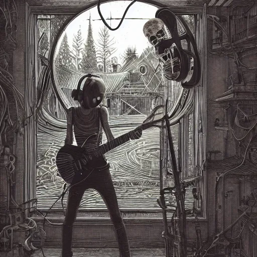 Image similar to skeleton wearing headphones, watching girl playing guitar while her black cat standing next to her, detailed intricate ink illustration, dark atmosphere, detailed illustration, hd, 4k, digital art, overdetailed art, by greg rutkowski, by loish, complementing colors, Trending on artstation