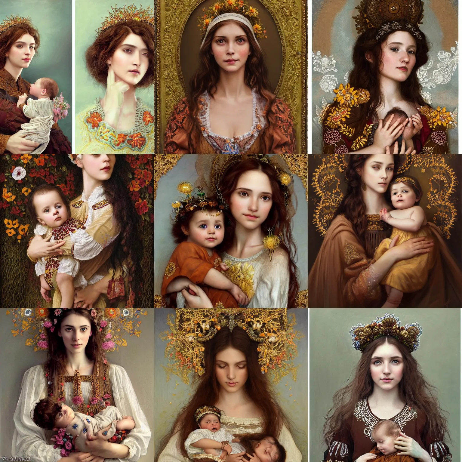 Prompt: brown haired lady with little baby in her hands, embroidered shirt, ukrainian national costume, filigree crown with textile embroidery flowers, ukrainian madonna, pre - raphaelite beautiful, playful smile, detailed portrait, intricate complexity, acryl painting, charlie bowater, tom bagshaw, alexis franklin, elena masci, pawel rebisz