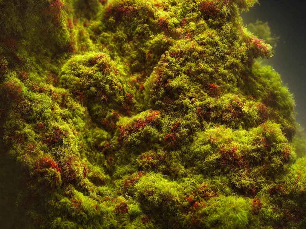 Image similar to a beautiful macro photography of moss with alien fungus, hyperdetailed, warm volumetric lights , made by Gerald Brom and Mike Winkelmann