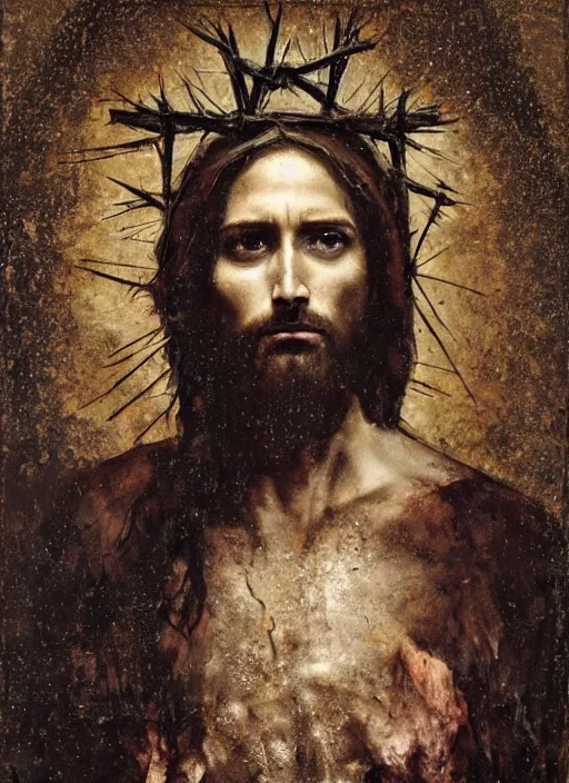 Image similar to portrait of jesus christ wearing a crown of thorns on the cross, by nicola samori, painting, 8 k, high detail