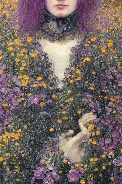 Image similar to portrait of beautiful gothic young mainem, thunderstorm, cyber armor, a lot of scars, more and more flowers, purple head, the middle ages, highly detailed, artstation, illustration, art by jean delville, 8 k quality, art by greg gandy and dragan bibin, gustav klimt