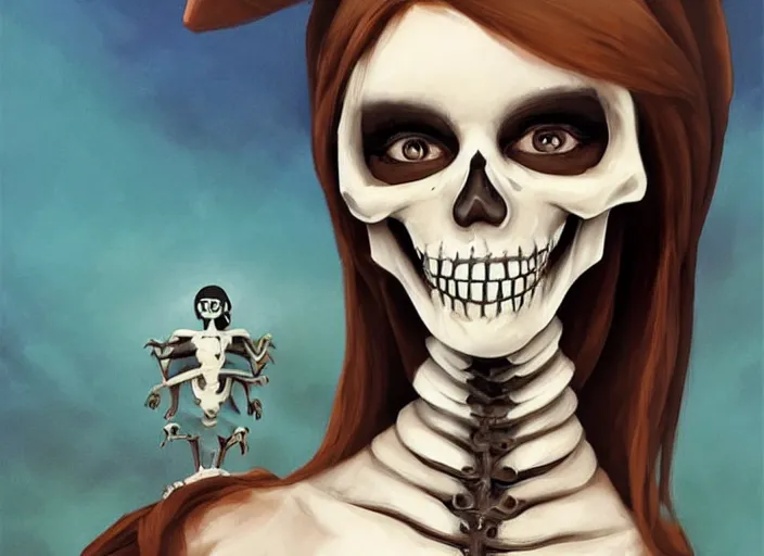 Image similar to cute & beautiful smiling mexican undead skeleton girl dressed as a vert attractive nun looking at the viewer, elegant, digital art, fantasy, pixar style, painting, pin up, highly detailed, artstation, art by artgerm, vrubel, boris vallejo and ilya kuvshinov