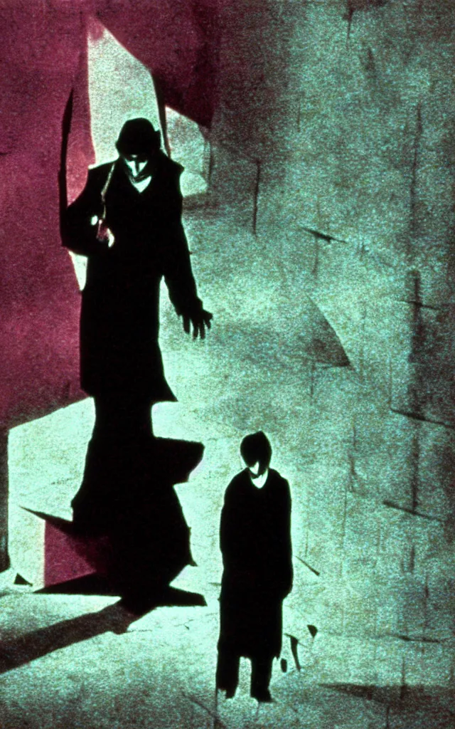 Prompt: colorized movie still from Cabinet of Doctor Caligari: a bloody handed murderer walking alone at night, silent movie, iridescent color palette (chromatic aberration)