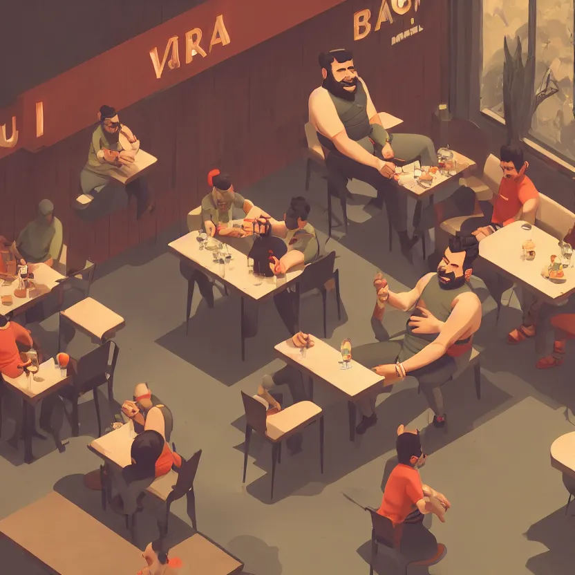 Image similar to virat kholi sitting in a bar, with a huge belly, drinking heavily, isometric, wide view, cinematic view, ultrarealistic, 8 k, unreal engine, by atey ghailan, artstation