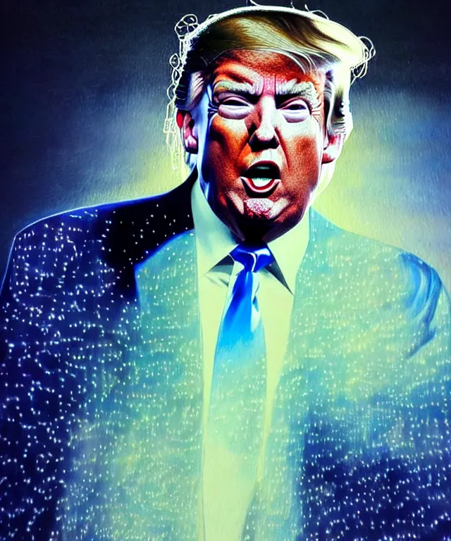 Prompt: hyperrealistic mixed media painting of Donald Trump as a crazy rock star, dimly lit arena, stunning 3d render inspired art by P. Craig Russell and Barry Windsor-Smith + perfect facial symmetry + dim volumetric lighting, 8k octane beautifully detailed render, post-processing, extremely hyperdetailed, intricate, epic composition, grim yet sparkling atmosphere, cinematic lighting + masterpiece, trending on artstation, very very detailed, masterpiece, stunning