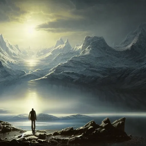 Image similar to A Stunning Matte painting of A man standing in a lake at night looking at the snow-capped mountains in the distance, beautiful sky, Tyndall effect.highly realistic,hyper detailed,cinematic.4k.In style of Gustave Doré, by Greg Rutkowski