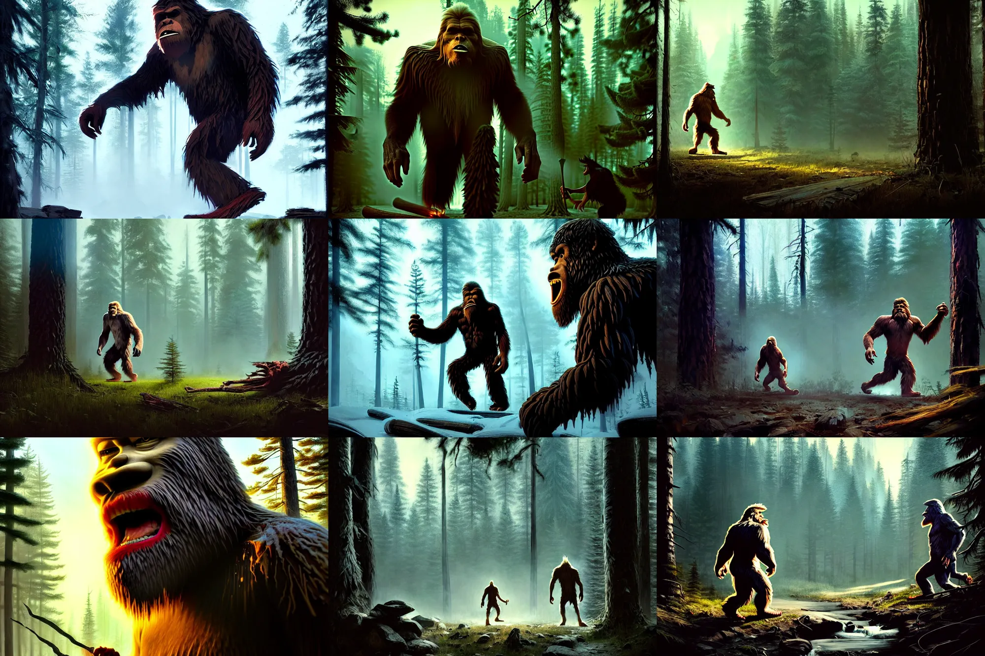 Prompt: angry bigfoot near a cabin in forest, concept art by greg rutkowski, craig mullins, todd mcfarlane, cinematic lighting, sharp focus, intricate, concept art, vibrant colors, photorealism, terror, hysterical, horrifying, digital art, octane render, fear, very detailed, trending on artstation, high definition,