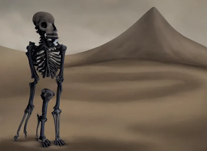 Prompt: painting, humans perished, their dreams forgotten, horrors faced, bones turn to sand. upon that sand walks the new god, one that will never die