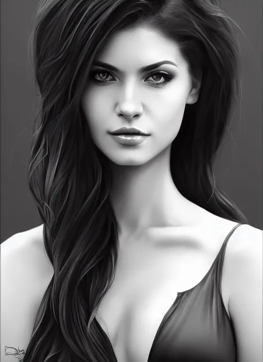 Image similar to full body portrait of a beautiful woman in black and white, photorealistic, hair down to waist, art by diego fazio and diegoKoi and artgerm, concept art, hyper sharp focus, 8k highly detailed