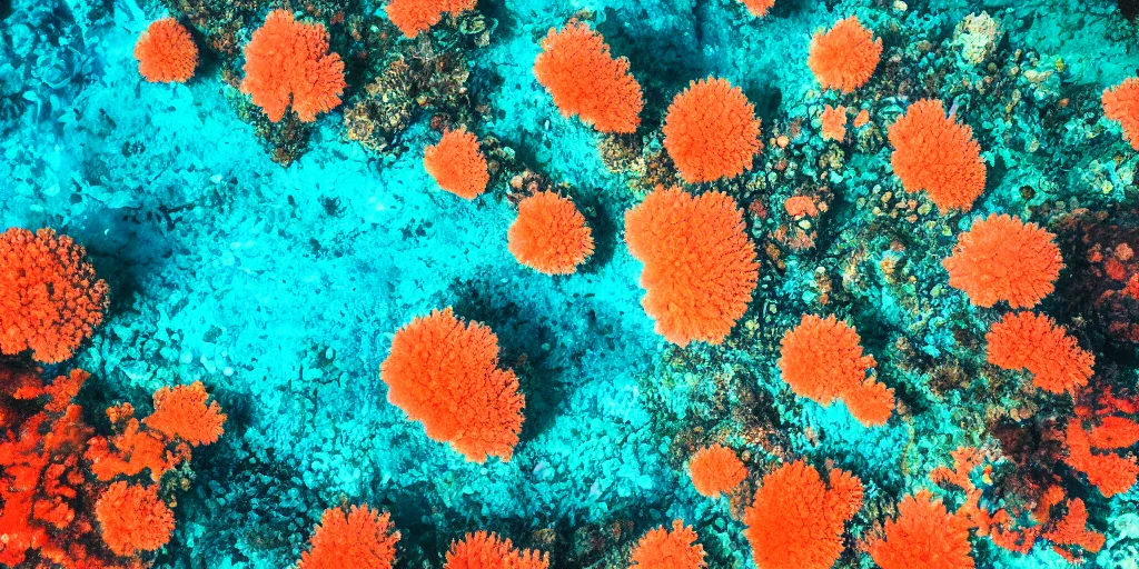 Prompt: analog photo of underwater, deep blue water, some colourful coral