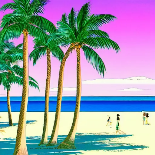 Prompt: a beautiful painting of a sunny day at a large beach filled with hundreds of palm trees by hiroshi nagai and hirohiko araki, detailed line art, vaporwave color scheme