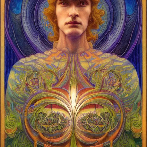 Prompt: the flower prince, by jean delville and donato giancola and nicholas roerich, and diego rivera, and leo and diane dillon, symbolist, tattoos, dramatic lighting, elaborate geometric ornament, art brut, god rays, soft cool colors, smooth, sharp focus, extremely detailed