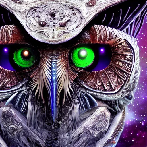 Image similar to alien owl, alien warrior, magic, stars, highly detailed, realistic, 8 k