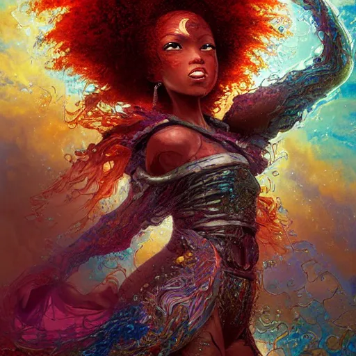 Image similar to ultra detailed illustration of a angry afro american anime girl covered in a sea of iridecent liquid, chrome metal material, lost in a dreamy oriental realm by Karol Bak, Ruan Jia, Moebius, hiroshi yoshida, Druillet, colorful, front view, vivid colors, 8k, coherent, anime vibes, uplifting, magical composition, artstation, synthwave, 8k, coherent, artgerm, uplifting, unreal engine, magical composition, artstation,