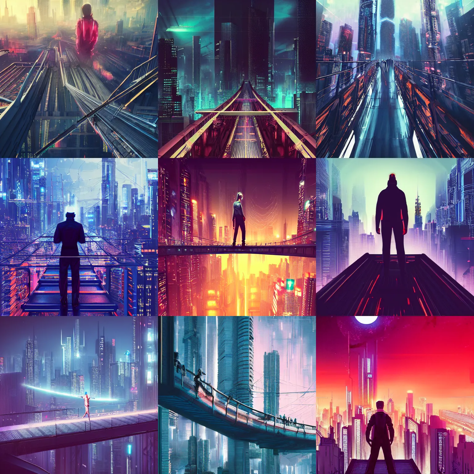 Image similar to a man standing on top of a bridge over a city, cyberpunk art by vincent lefevre, behance contest winner, altermodern, cityscape, synthwave, matte painting