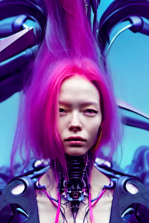 Image similar to a portrait of a beautiful young 28th century super cool post-human female wiht long colorful hair, barely human and largely biomechanical machine, hyper-realistic cyberpunk style, face by Yanjun Cheng, Irakli Nadar, design by Niel Blevins, Takayuki Takeya moody, models by 500px, dramatic cinematic lighting rendered by octane, 8k, detailed, intricate, clean and textures, trending on artstation, deviantart google images, pinterest