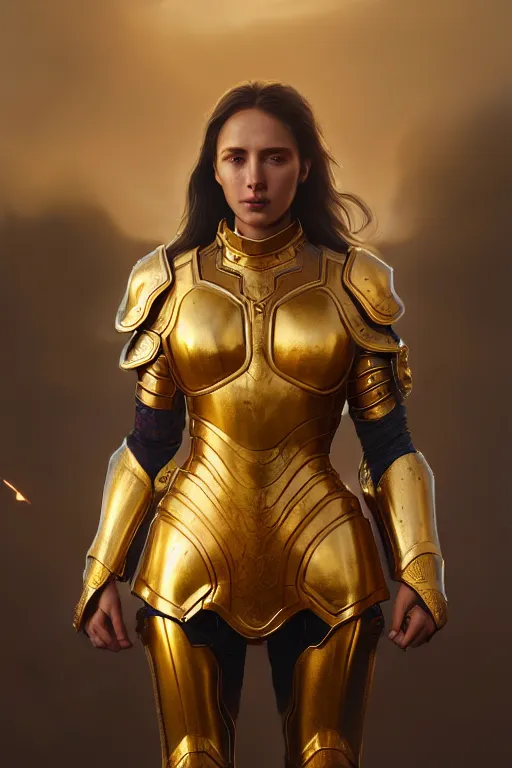 Image similar to professional digital art of a hyper realistic and highly detailed woman beautiful golden armor. accurate rending of one woman in armor. greg rutkowski, zabrocki, karlkka, jayison devadas, intricate, trending on artstation, 8 k, unreal engine 5, pincushion lens effect