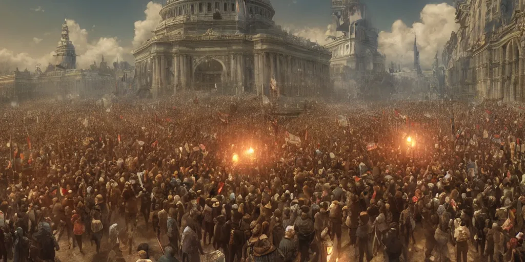 Image similar to i am happy to join with you today in what will go down in history as the greatest demonstration for freedom in the history of our nation. ultrafine colored illustration, hyperrealistic, cinematic atmosphere, intricate linework, sharp focus, octopath traveler, final fantasy, unreal engine highly rendered, global illumination, radiant light, intricate environment
