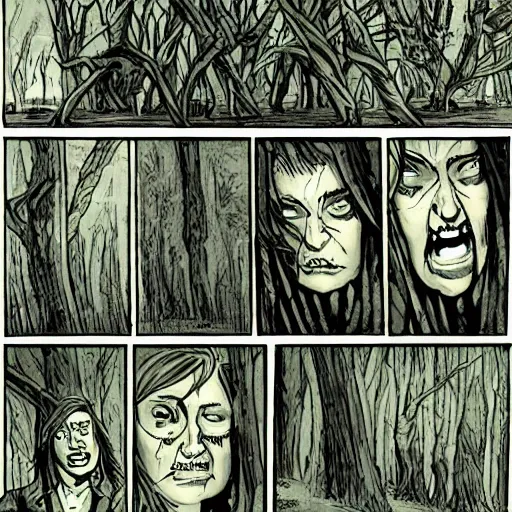 Prompt: multi - panel page from a highly detailed horror comic. swamp. terror. ink.
