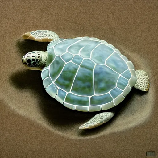 Image similar to a porcelain sculpture of a sea turtle, photorealistic, centered, close up shot, flash photography, beige, white, green, light - blue, dark - blue, waves of water, by bob eggleton, trending on artstation