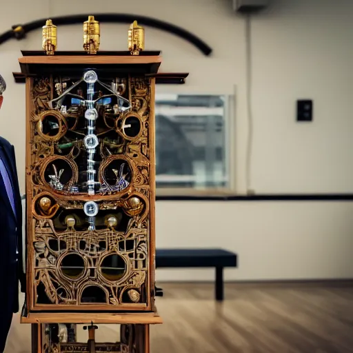 Prompt: a random pointlessly elaborate intricate contraption pneumatic machine with no apparent purpose, being operated by a scholarly looking man with a clear directed gaze, xf iq 4, f / 1. 4, iso 2 0 0, 1 / 1 6 0 s, 8 k, raw, unedited, symmetrical balance, in - frame