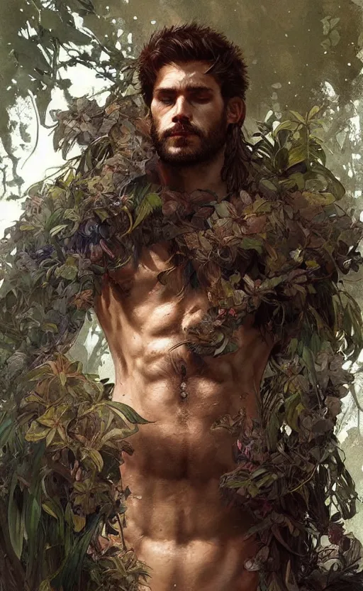 Prompt: portrait of the god of the forest, 25 years old, rugged, male, gorgeous, detailed face, amazing, thighs!!!!!!, muscular, intricate, highly detailed, digital painting, artstation, concept art, sharp focus, illustration, art by greg rutkowski and alphonse mucha