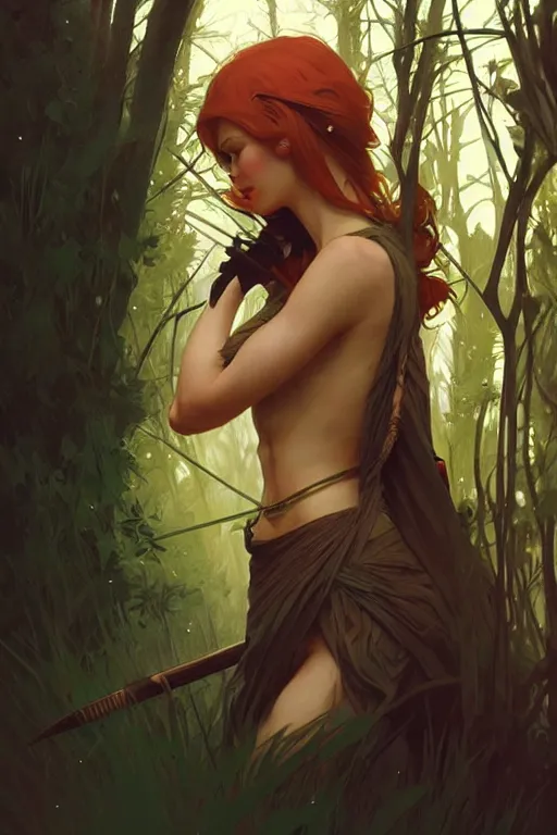 Image similar to a very beautiful savage girl, forest, fantasy, portrait, sharp focus, intricate, elegant, digital painting, artstation, matte, highly detailed, concept art, illustration, ambient lighting, art by ilya kuvshinov, artgerm, alphonse mucha, and greg rutkowski