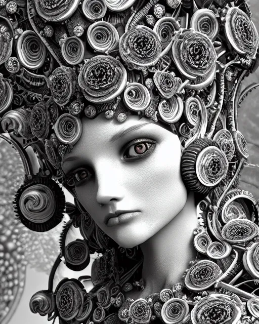 Image similar to mythical dreamy black and white organic bio - mechanical spinal ribbed profile face portrait detail of translucent steampunk beautiful female angelic - human - queen - vegetal - cyborg, highly detailed, intricate crystal ivy jelly ornate, poetic, translucent roses ornate, 3 d render, digital art, octane render, 8 k artistic photography, photo - realistic, by dora maar