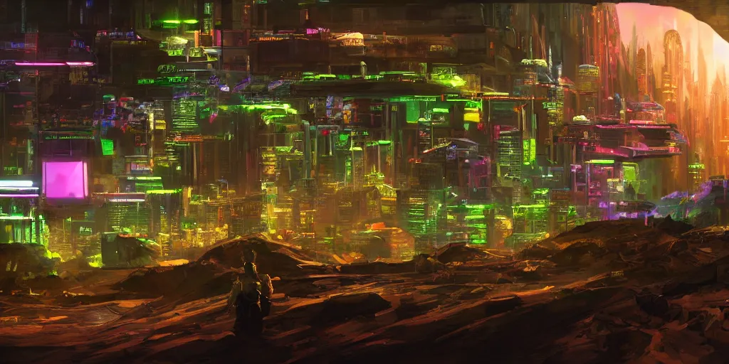 Image similar to a cinematic composition depicting : a computer run degrading cyberpunk world, on top of the mountain a mysterious neural network is using its transformative energy to transition to a hopeful to lush solarpunk civilization