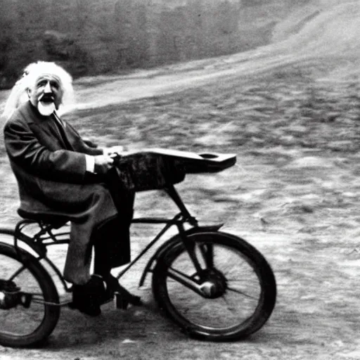Image similar to Albert Einstein driving a Speeder Bike