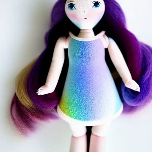 Image similar to periwinkle rainbow high doll, product photo, high realistic, hd, intricate detail, studio lighting, white background