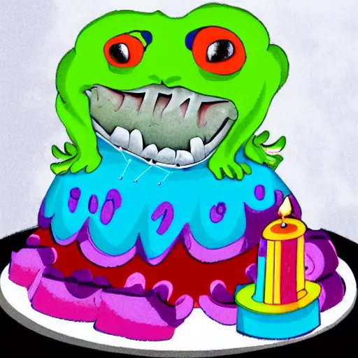 Image similar to grotesque slimy nightmare monster opens its mouth revealing a colorful birthday cake